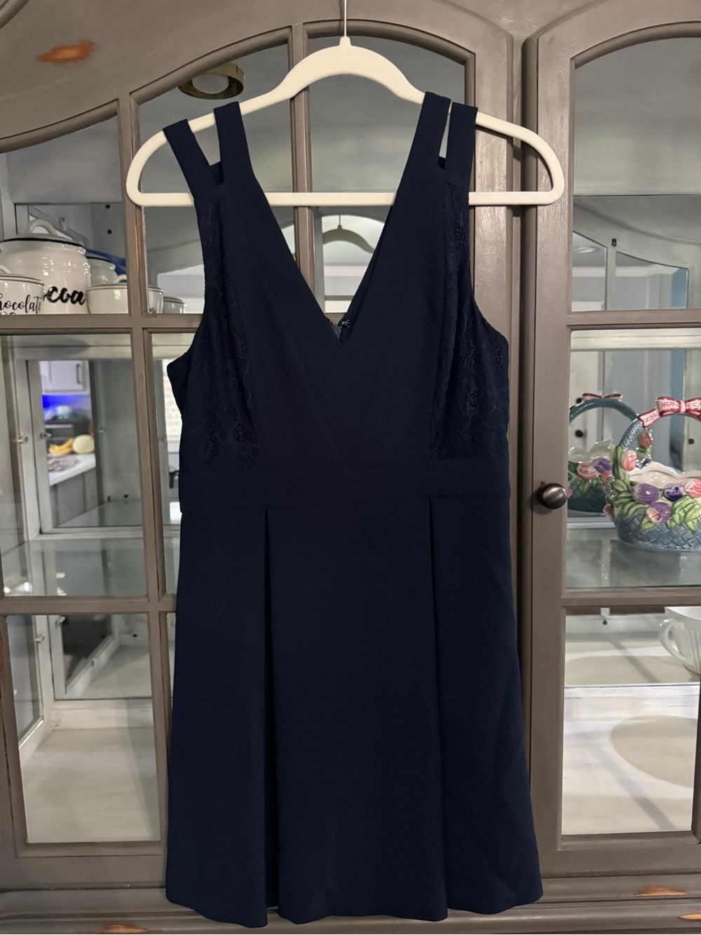 BCBGeneration V-Neck Navy Zip Up Dress with Lace Side Panels size 6